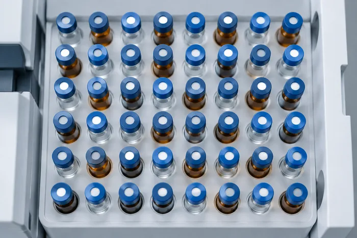 Reihen von HPLC-Vials mit blauen Kappen im Autosampler