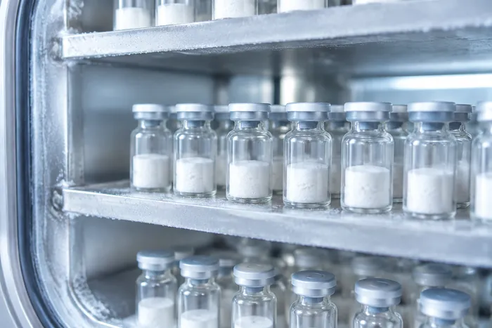 Vials mit gefriergetrocknetem Peptid im Gefriertrockner