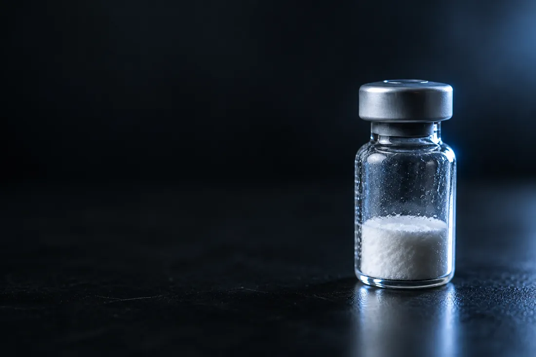 Glasvial mit Lyophilisat auf einer dunklen Laborbank